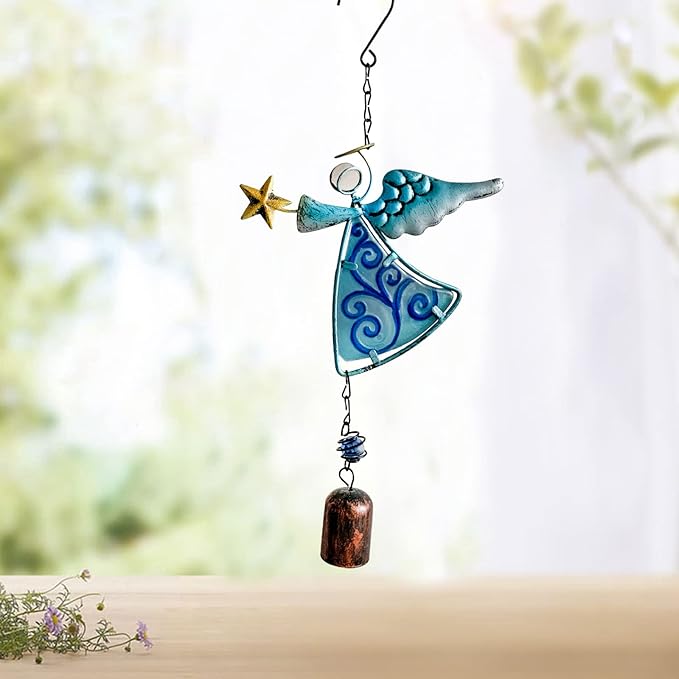 MrMrKura Metal Angel Wind Chime Hanging Decoration Ornament With Wing and Bell - Decorative Hanging Bells, Gifts for Home Garden Decor Crafts (Blue)
