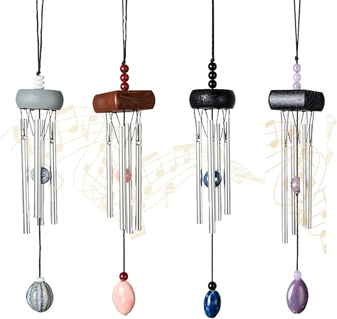i-lan　4 Pack Small Silver Wind Chime with Ceramic Blank Drops, Metal Garden Wind Chimes with Different Len Bell Tubes, Soothing Harmony Sound Mini Outdoor Windcatcher Porches Décor