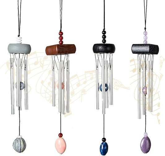 i-lan　4 Pack Small Silver Wind Chime with Ceramic Blank Drops, Metal Garden Wind Chimes with Different Len Bell Tubes, Soothing Harmony Sound Mini Outdoor Windcatcher Porches Décor