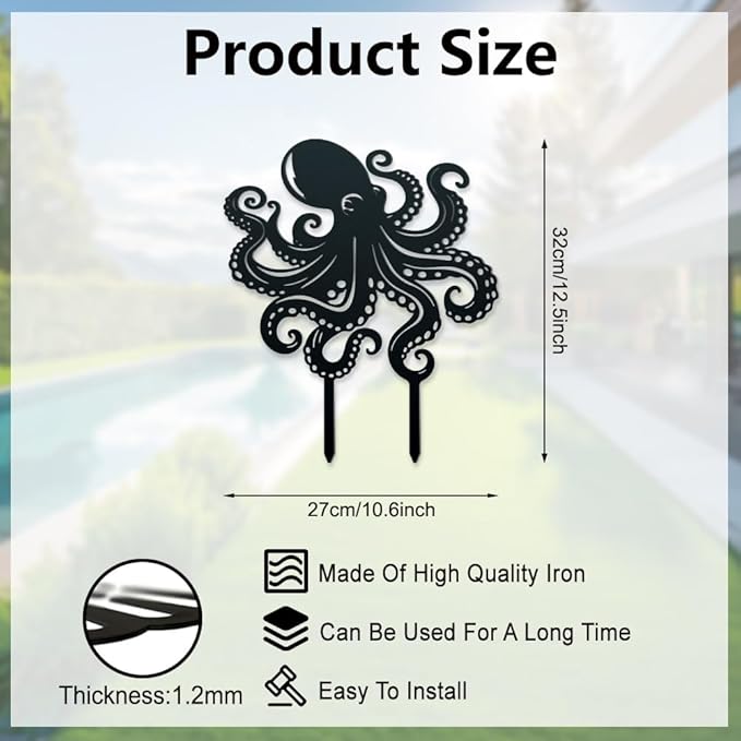 WADORN Octopus Metal Decorative Garden Stakes, Octopus Funny Metal Outdoor Statues Ocean Theme Silhouette Ornament Marine Life Gifts Animal Outdoor Stakes for Yard Garden Patio Lawn Walkway Ornaments
