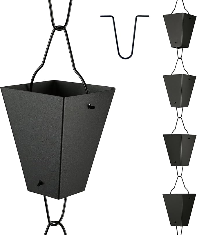 TE DEUM Square Link Rain Chain, 8.5 Feet Length, 3.7inch Big Size Cup, Black Powder Coated, Functional and Decorative Replacement for Gutter Downspouts, V Gutter Clip Included, Black