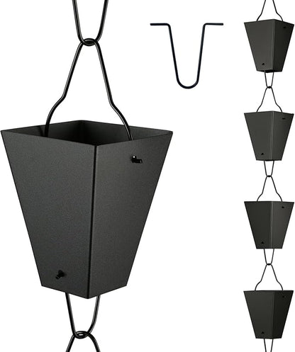 TE DEUM Square Link Rain Chain, 8.5 Feet Length, 3.7inch Big Size Cup, Black Powder Coated, Functional and Decorative Replacement for Gutter Downspouts, V Gutter Clip Included, Black