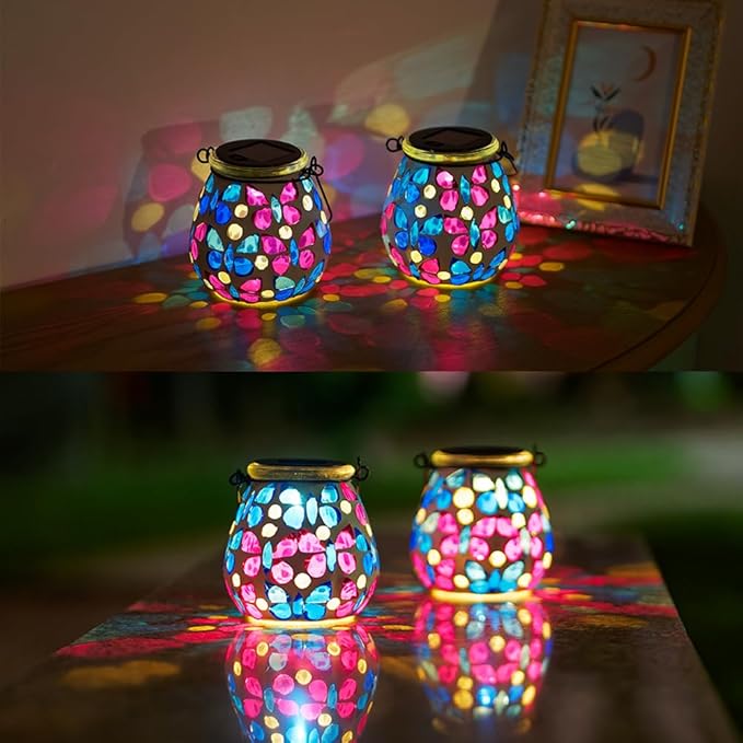Stargarden 4 Pack Mosaic Solar Lanterns, Glass Hanging Lantern Waterproof Outdoor Hanging Solar Lights Butterfly Decorative Lantern for Garden ,Patio,Yard Decor