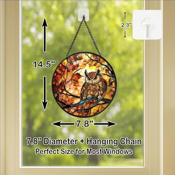 Stained Glass Window Hanging - Autumn Leaves and Perched Owl Sun Catchers Indoor Stained Glass Panels Wall Decor for Mom,Wife,Lovers,Festive