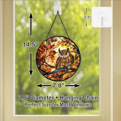 Stained Glass Window Hanging - Autumn Leaves and Perched Owl Sun Catchers Indoor Stained Glass Panels Wall Decor for Mom,Wife,Lovers,Festive