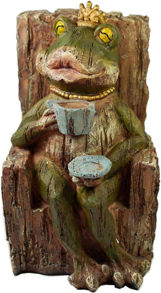 KiaoTime Large Queen Coffee Frog Sitting on Tree Stump Statue Drinking Coffee Indoor Outdoor Patio Garden Statue Decoration Collectible Frog Figurine Statue Model Sculpture (9.5" Frog On Tree Stump)