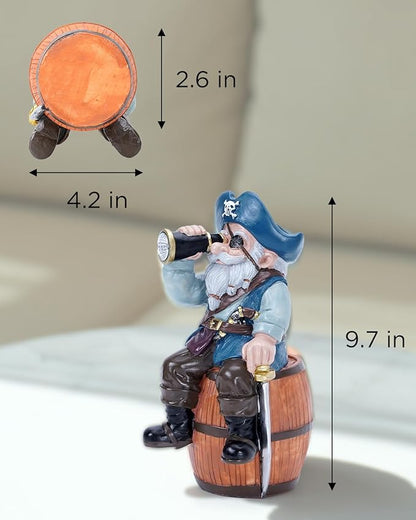 Solar Garden Gnome Statues Funny Resin Pirate Gnome Decorations Sitting on Wine Barrel Outdoor Figurines for Yard Patio Mom Gift
