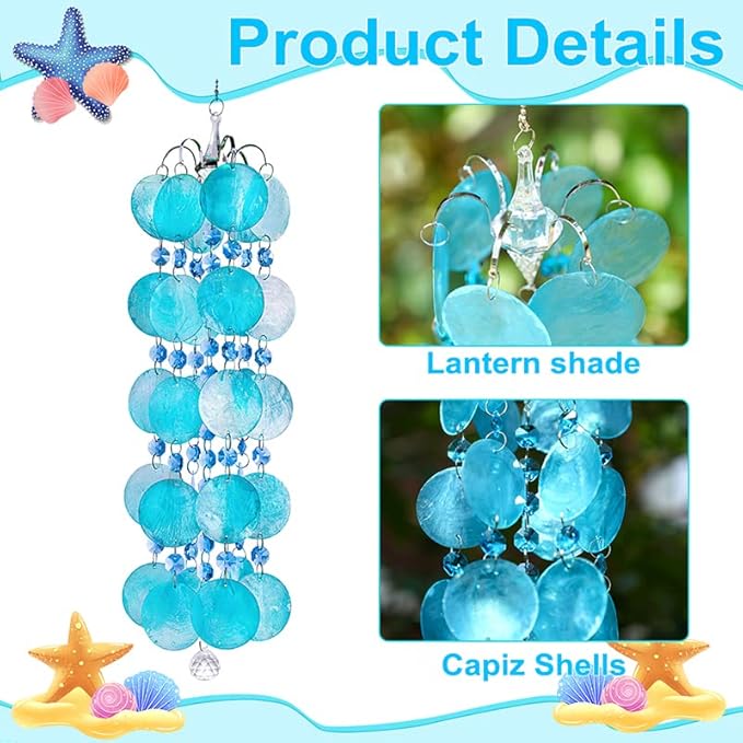 23.6 inch Capiz Shell Wind Chime Outdoor Indoor Hanging, Blue Shell Wind Chimes for Outside, Crystal Wind Chime Pendant, Handemade Gift for Housewarming