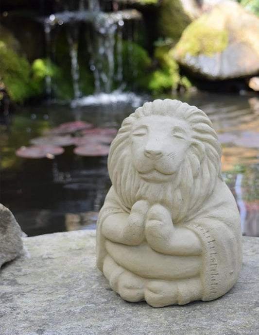 Modern Artisans Meditating Lion - Cast Stone Garden Sculpture : Large Size, Antique Beige Finish