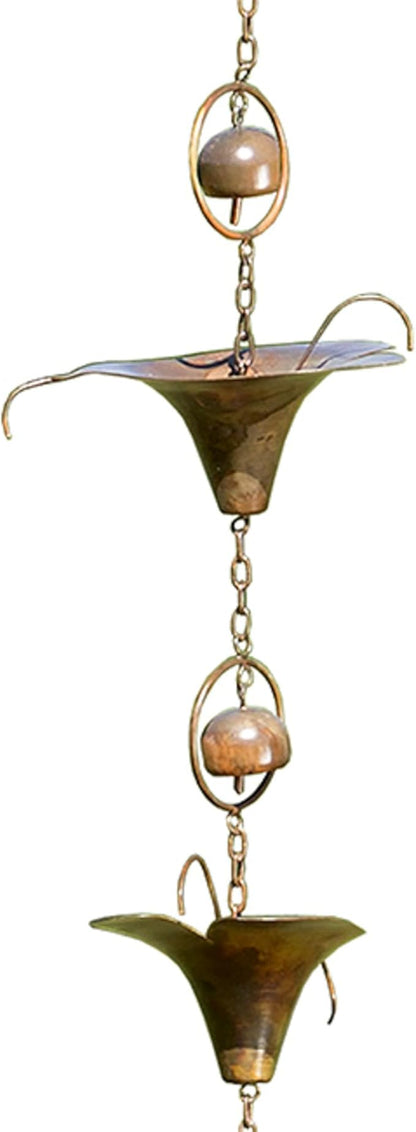 Ancient Graffiti Calla Lilies and Bells Rain Chains, Set of 2 Flamed Copper Colored Steel Downspout Replacements with Gutter Clips, 98 Inch Decorative Rain Catchers