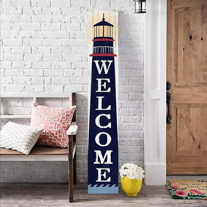 Welcome Lighthouse Sign for Front Door, 4ft Tall Front Porch Decor, Vertical Wooden Signs for Front Porch, Rustic Farmhouse Wood Porch Decorations Outdoor