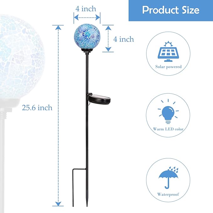 Afirst Solar Lights Outdoor Decorative Mosaic Gazing Ball Garden Stakes Decorative Lights Waterproof Glass Ball LED Pathway Stake Light for Pathway Yard Lawn Decoration Blue