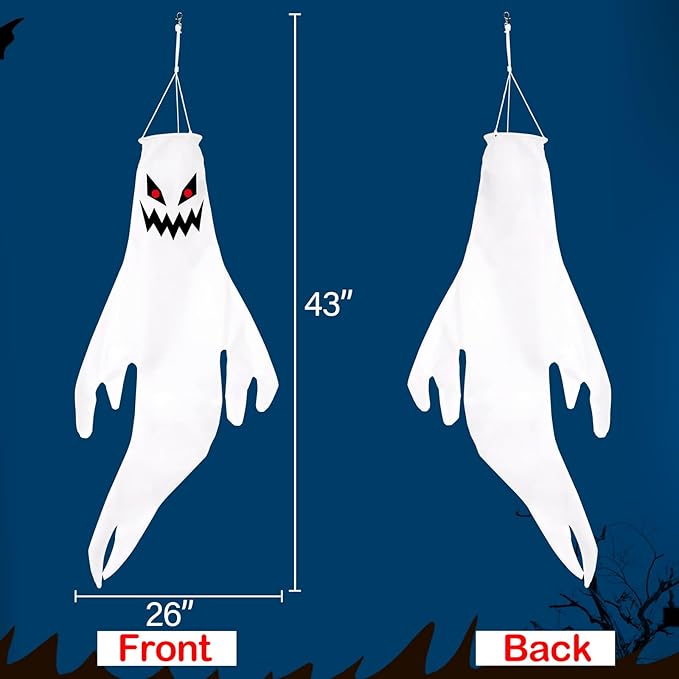 Geefuun 4PCS Purple Halloween Fierce Ghost Windsocks Hanging Decorations - 43 Inch Flag Wind Socks for Home Yard Outdoor Decor Party Supplies (Batteries Not Included,No Timer)