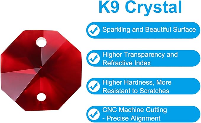 PATIKIL K9 Crystal Octagon Beads 2 Holes Pendants, 60 Pack 14mm Chandelier Prisms Parts Ornaments Hanging Beads for DIY Arts Crafts Decoration, Dark Red