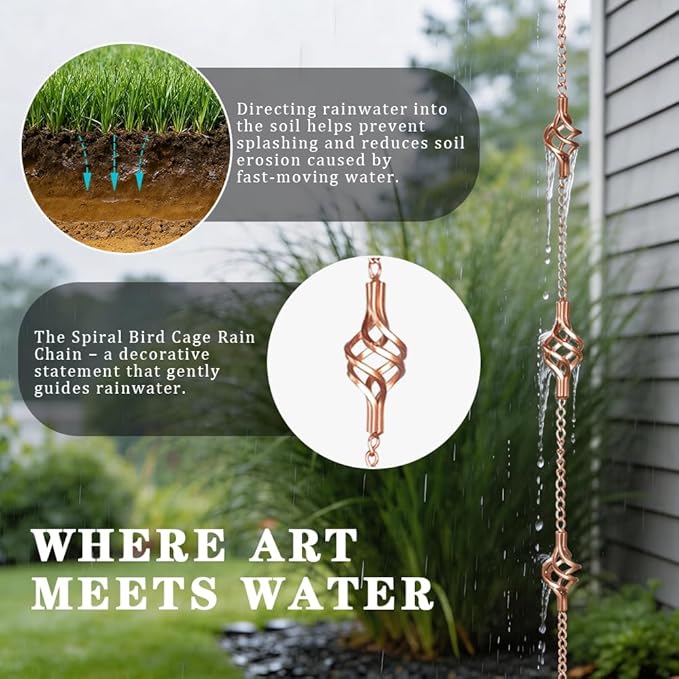 8.5FT Rain Chains with Spiral Bird Cage Rain Chain Cups, Rain Catcher for Gutters, Decorative Copper Rainwater Diverter Rain Chimes for Garden Decor,Replacement for Outside Gutter Downspouts in Spring