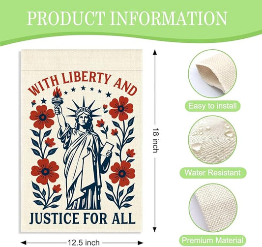With Liberty and Justice for All Garden Flag, 12 x 18 Inch Double Sided Statue of Liberty Floral Outdoor Garden Patio Decor, Patriotic Yard Banner for Justice Advocate 4th of July Party Host