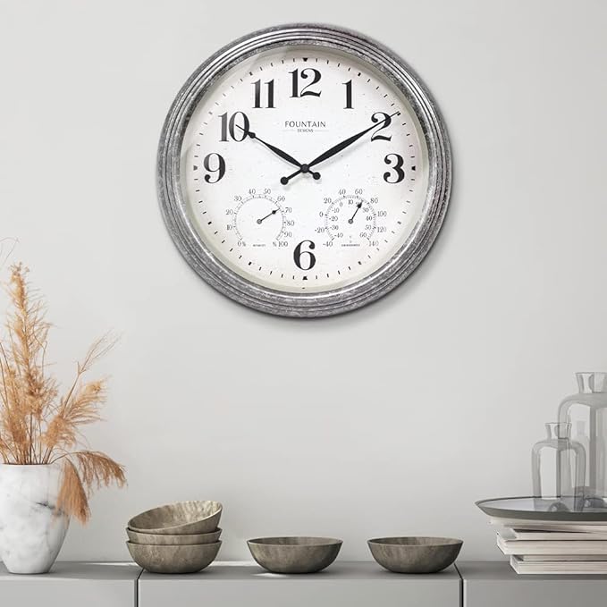 18 Inch Outdoor Clocks for Patio Large Waterproof with Thermometer, Large Wall Clock with Temperature and Humidity Combo,Weatherproof for Pool Decor,Galvanized Finish