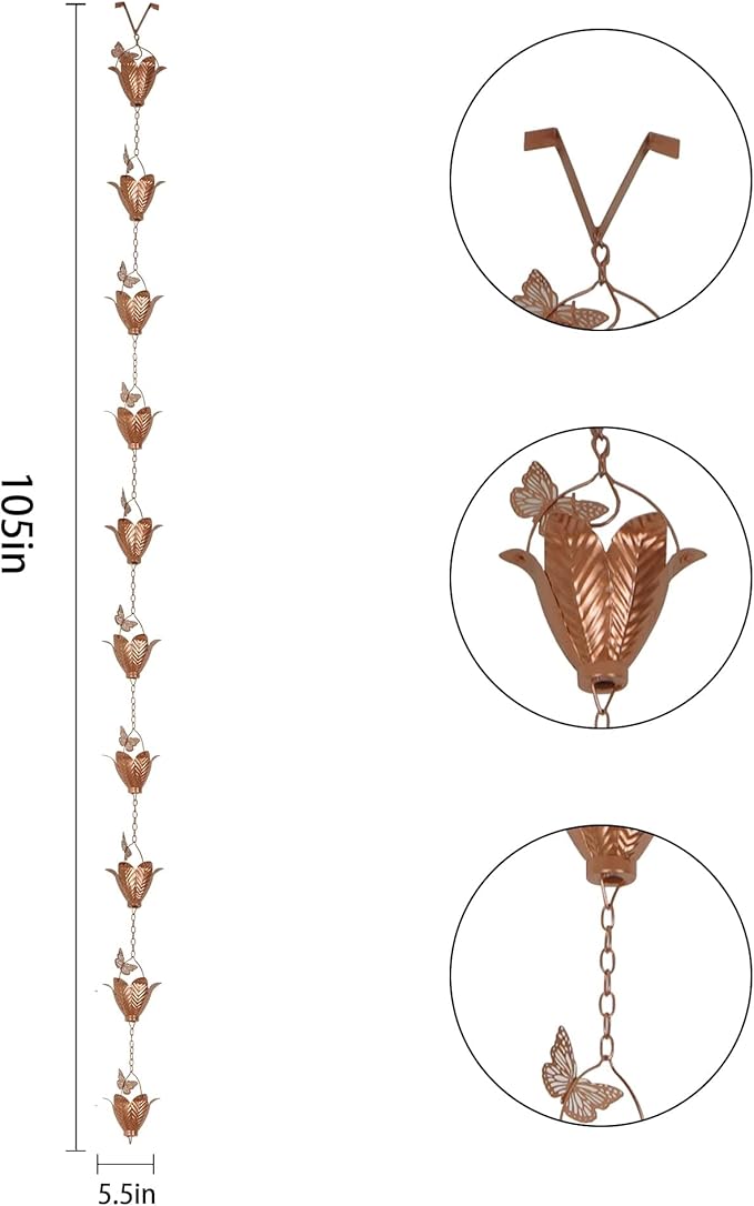TZSSP Rain Chains Decorative Rain Chain Bell with 10 Cups, Rain Chain for Gutters,8-1/2 Length,102 Inch,Butterfly