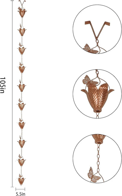TZSSP Rain Chains Decorative Rain Chain Bell with 10 Cups, Rain Chain for Gutters,8-1/2 Length,102 Inch,Butterfly