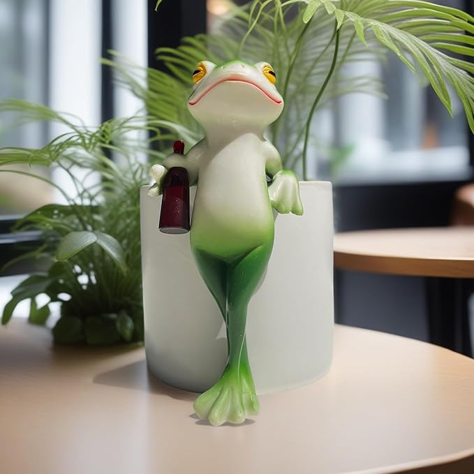 Funny Drinking Frog Statue Flower Pot Hugger Resin Hanging Frog Figurine Planter Pot Decorations for Home Garden Fence Balcony Patio Lawn Yard Ornaments (Holding Wine Bottle)