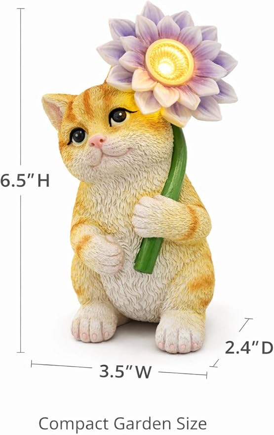GoGnome Solar Cat Garden Statue with LED Flower for Mom Woman – 6.5‘’ Hand-Painted Resin Outdoor Kitten Figurine, Automatic Night Light, Yard Patio Lawn Decor (Kitten)
