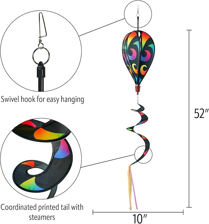 In the Breeze 0974 — Aurora 6-Panel Hot Air Balloon — Colorful Blended Rainbow Wind Spinner with Tail for Yards and Gardens…