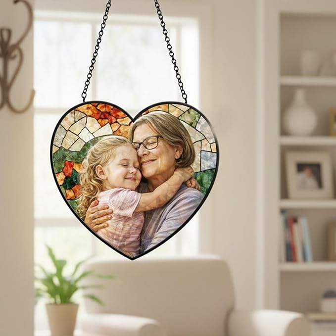 NAZENTI Personalized Grandma Stained Glass Portrait Ornament Gifts for Mother's Birthday, Custom Family Photo Suncatcher Window Hanging Gift for Grandma Grandpa, Family Photo Gift, Holiday Keepsake