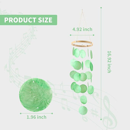 Handmade Capiz Wind Chimes for Outside, Outdoor Seashell Hanging Beach Coast Ocean Home Decorative, Unique Natural Shell Waterfall Windchimes for Summer Patio, Great Memorial Sympathy Gift（Green
