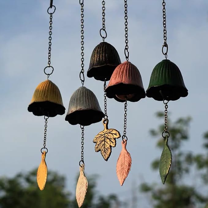Japanese Traditional Lucky Small Wind Chimes for Outside, Iwachu Cast Iron Bless Temple Wind Bell Memorial and Sympathy Leaf Wind Chimes Indoor Garden Bell, Patio, Balcony (Pink Leaf)