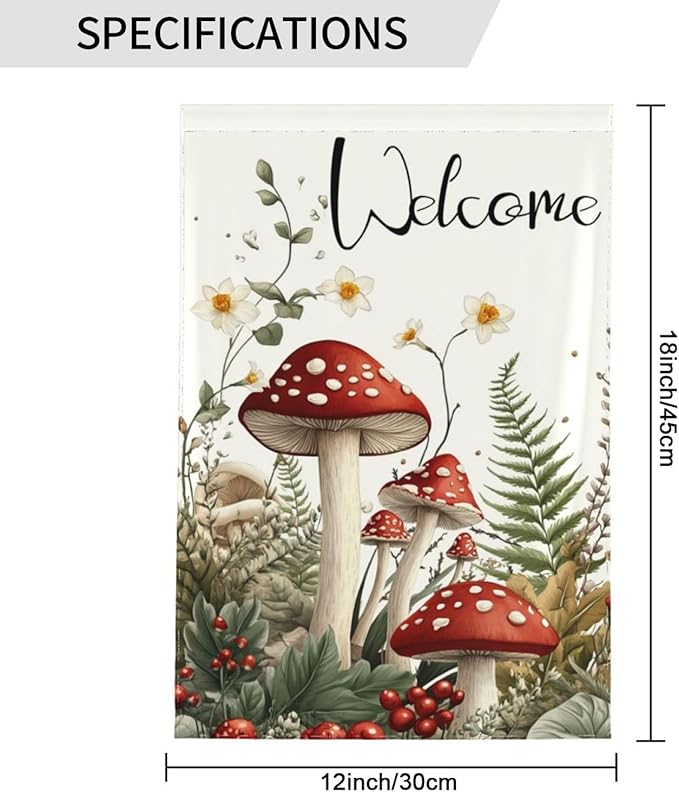 Mushrooms and Fern Garden Flags 12×18 Inch Welcome Double Sided Decorative Yard Banner Seasonal Flag for Outdoor Outside Decor