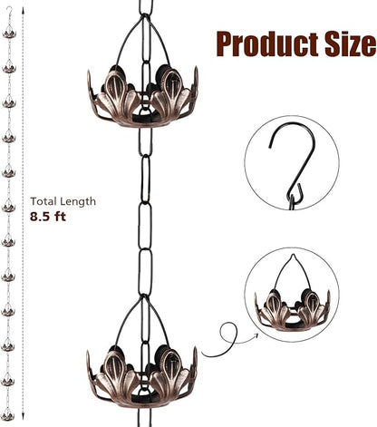 8.5 Ft Rain Chain, Thick Metal Rain Gutter Chains, Adjustable Rain Catcher Chain for Eaves Drainage, Replacement for Downspout, Outdoor Decor