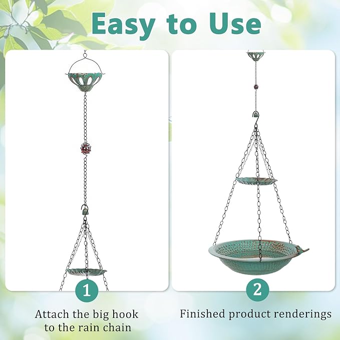 13 inch Rain Chain Basin, Metal Rain Chains Anchoring Bowl Dish, DIY Rain Chain Basin for Gutter Downspout, 2 Layer Hanging Birdbath for Outdoor Garden Patio Decor