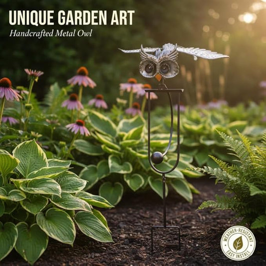 Metal Owl Garden Stake Decor, Owl Garden Rocker Outdoor Metal Owl Sculpture, Kinetic Owl Decorative Garden Stakes for Outdoor Garden Lawn Yard (Flying owl)