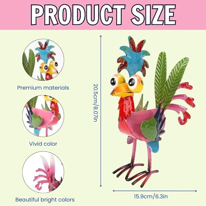 8'' Metal Rooster Garden Decor – Chicken Statues Sculpture, Outdoor Animal Ornaments Yard Art for Backyard Patio Lawn Home Kitchen Decor Outside Decorations, Wacky Decor Gifts for Chicken Lovers