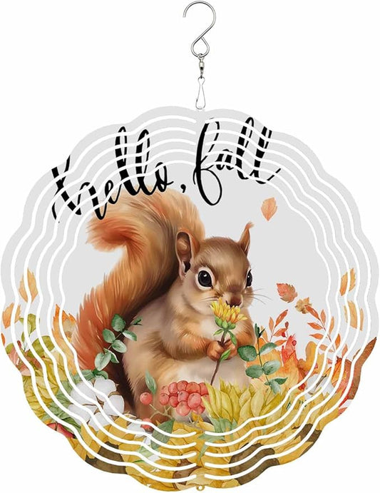Stainless Steel Wind Spinner for Yard Garden Decoration, Watercolor Hand Drawn Floral Sunflower Squirrel Round Wind Sculpture Spinner 3D Crafts Hanging Ornaments for Indoor Outdoor, 8 Inch