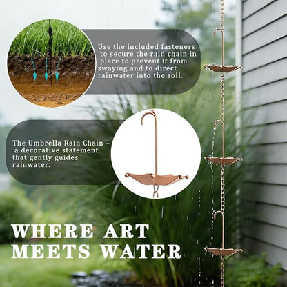 8.5FT Rain Chains with 10 Umbrella Rain Chain Cups, Rain Catcher for Gutters, Decorative Copper Rainwater Diverter Rain Chimes for Garden Decor, Replacement for Outside Gutter Downspouts in Spring