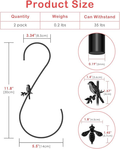 PACETAP Hummingbird Feeder Hook 12-Inch, 2PCS Black Metal Bird Feeders Hanger, Heavy Duty Outdoor Indoor Plant Hangers for Hanging Plants, Wind Chimes, Other Ornaments