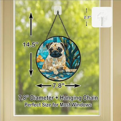 Stained Glass Window Hanging - Pug by The Pool with Yellow Flowers 7.8in Sun Catchers Indoor Stained Glass Panels Wall Decor for Mom, Wife, Lovers, Festive