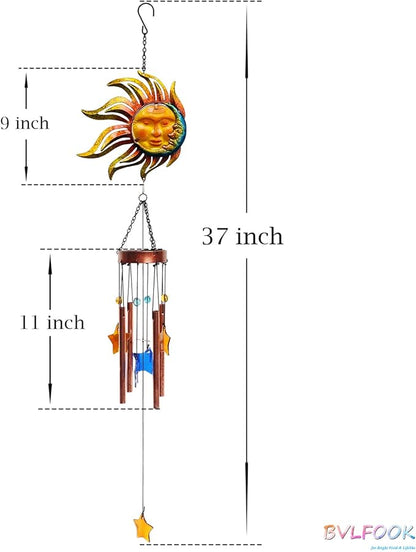 Sun with Flame Wind Chime for Outside Valentine Decoration, Aluminum Tubes with Star Shape Suncatcher, Wind Chimes Hanging for Porch Patio Balcony Decor, 37 Inch