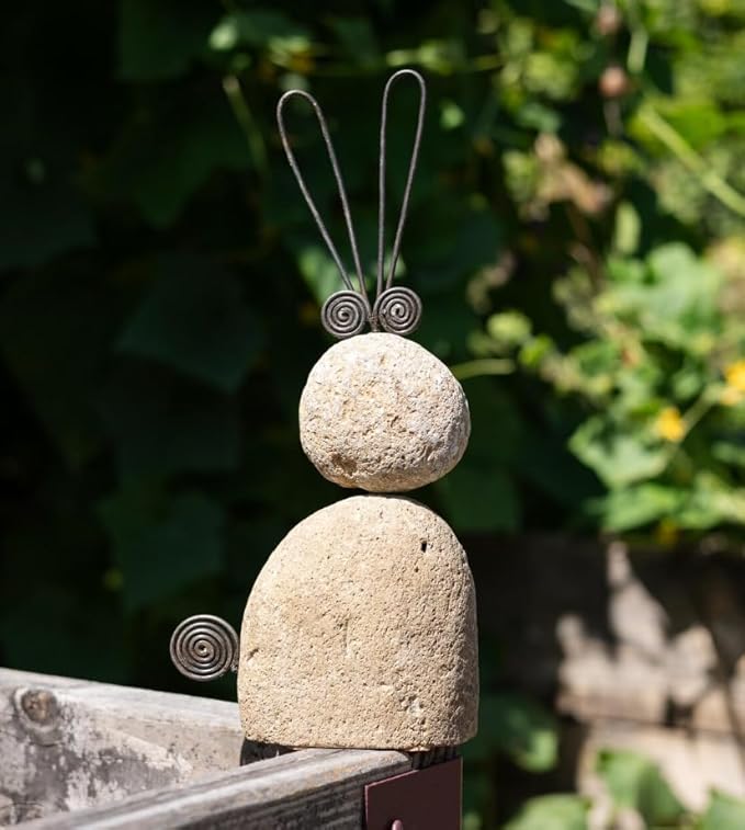 Handmade River Stone Rabbit Garden Statue 11 Inch Metal & Natural Stone Outdoor Bunny Accent, Memorial Day Yard Decor