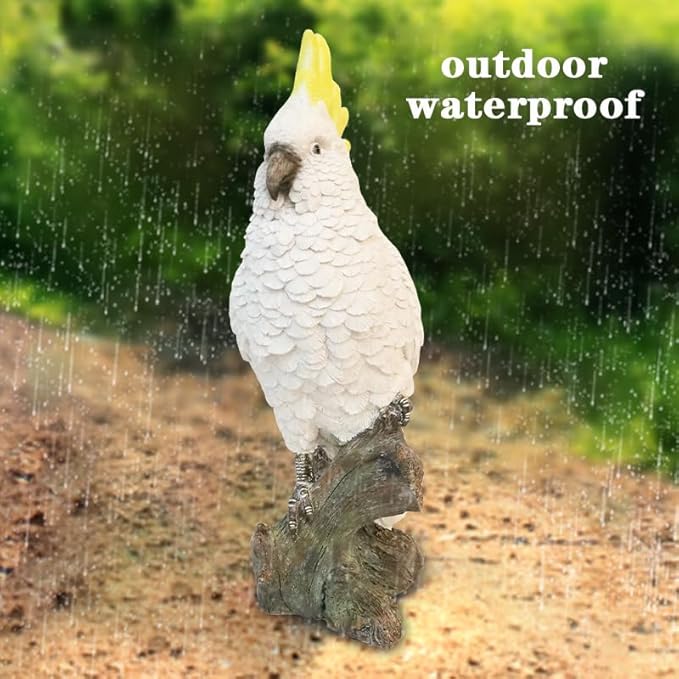 Decorative Parrot Garden Statue, Garden Decor Sculptures Statues Outdoor, Cockatoo Bird Tropical Indoor Desk Decor, Yellow White, 14.96 inches high