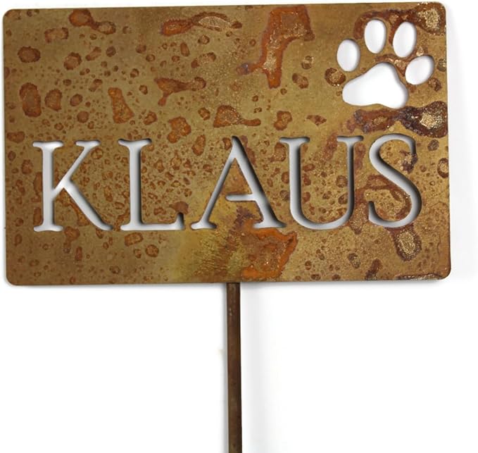 Classic Metal Garden Markers Clearance Items 20 to 33 Inches Tall (KLAUS + paw print, Naturally Rusted)