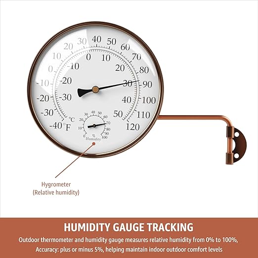 6-Inch Outdoor Thermometer and Humidity Gauge, Window Thermometer for Outside Temperature and Humidity Monitor, Brass Analog Dial, Battery-Free for Patio, Garage, Greenhouse, Garden, Wall