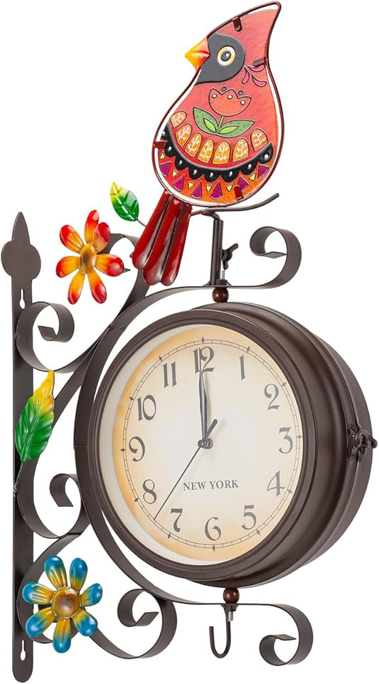 Vintage Indoor Outdoor Clock - Silent Non-Ticking, Double Sided Wall Clock with Cardinal Decor Waterproof for Garden, Patio, Yard, Farmhouse, Home Décor (Red)
