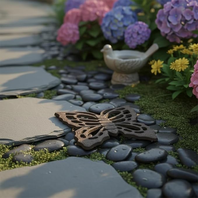 Comfy Hour 11" Vintage Brown Butterfly Duo Stepping Stones, Rustic Antique Figurine Style Home Decor, Heavy Duty Metal Garden Pathway Paver (Set of 2)