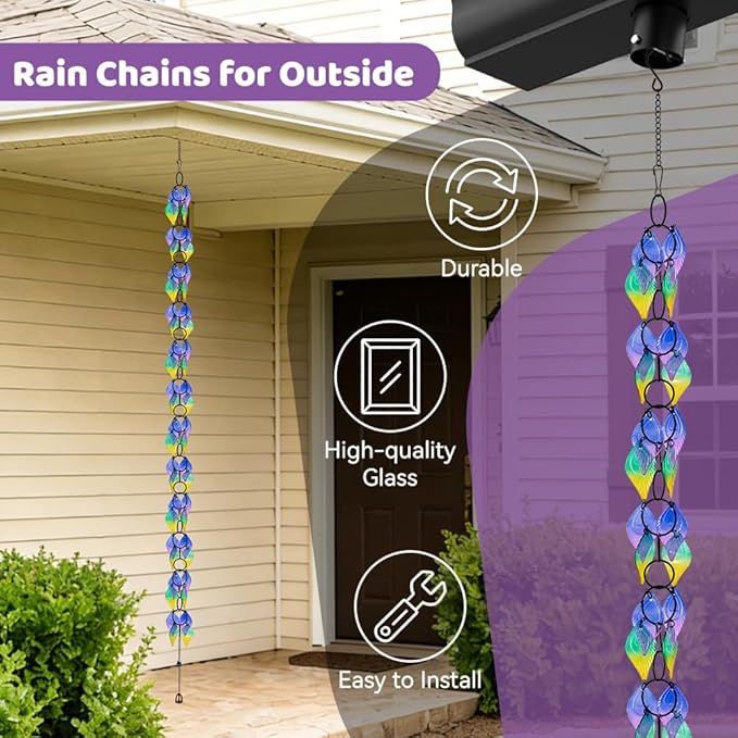 dreamysoul Rain Chains for Outside, 7.87FT Adjustable Glass Rain Chain, Colorful Leaf Rain Catcher Chains for Gutters Downspout, Eaves, Drainage