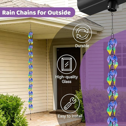 dreamysoul Rain Chains for Outside, 7.87FT Adjustable Glass Rain Chain, Colorful Leaf Rain Catcher Chains for Gutters Downspout, Eaves, Drainage