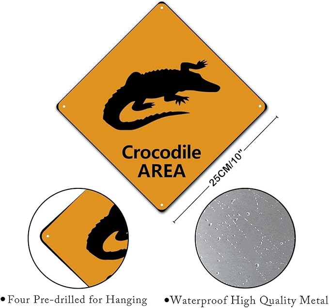 Warning Crocodile Area Aluminum Metal Sign Ocean Animal Caution Crossing Xing Street Sign Yellow Diamond Shape Funny Metal Sign For Indoor Outdoor 10x10in
