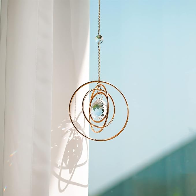 Suncatcher Crystal Galaxy, Window Hanging Rainbow Sun Catcher, Glass Ball Prism Sun Catcher with 4 Brass Circles