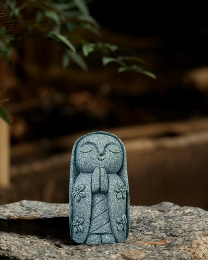 Mini Monk Buddha Jizo Statue - Green Sandstone Small Zen Figurine for Home Decor, Aquarium Fish Tank Landscape Bonsai Garden Ornament (Style 8)
